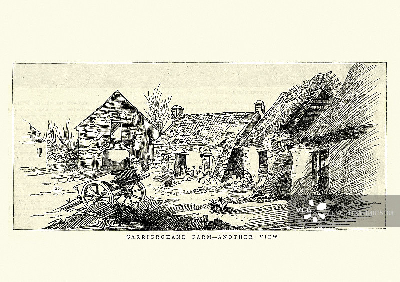 被毁的爱尔兰农舍，Carrigrohane农场，县克里，19世纪图片素材
