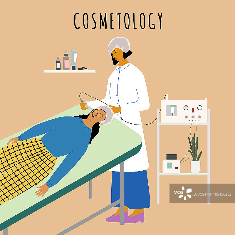 美容和皮肤病学的概念。皮肤科医生在美容诊所为女性制作射频面部。抗皱、护肤、抗衰老、年轻化程序。卡通矢量图图片素材