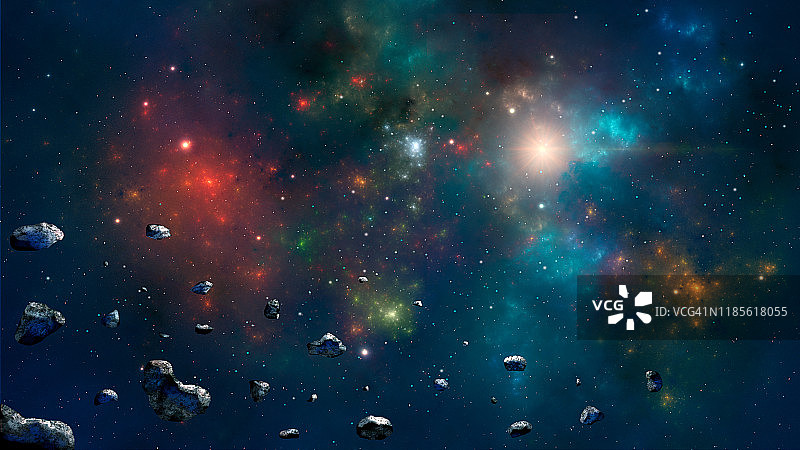 空间背景。彩色星云与小行星。数字的手绘画图片素材