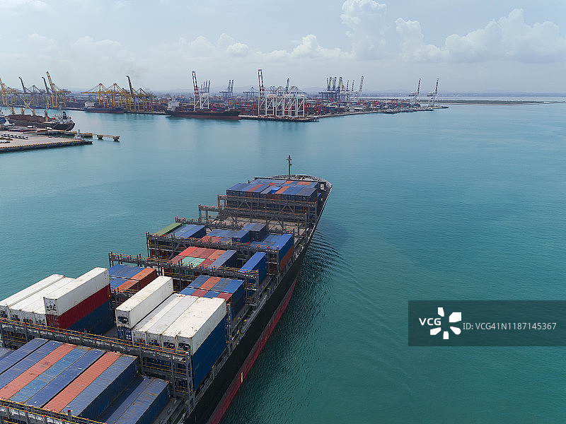 鸟瞰图集装箱货轮在码头商业港口和工作起重机桥装载集装箱的业务物流，进出口，航运或运输。图片素材