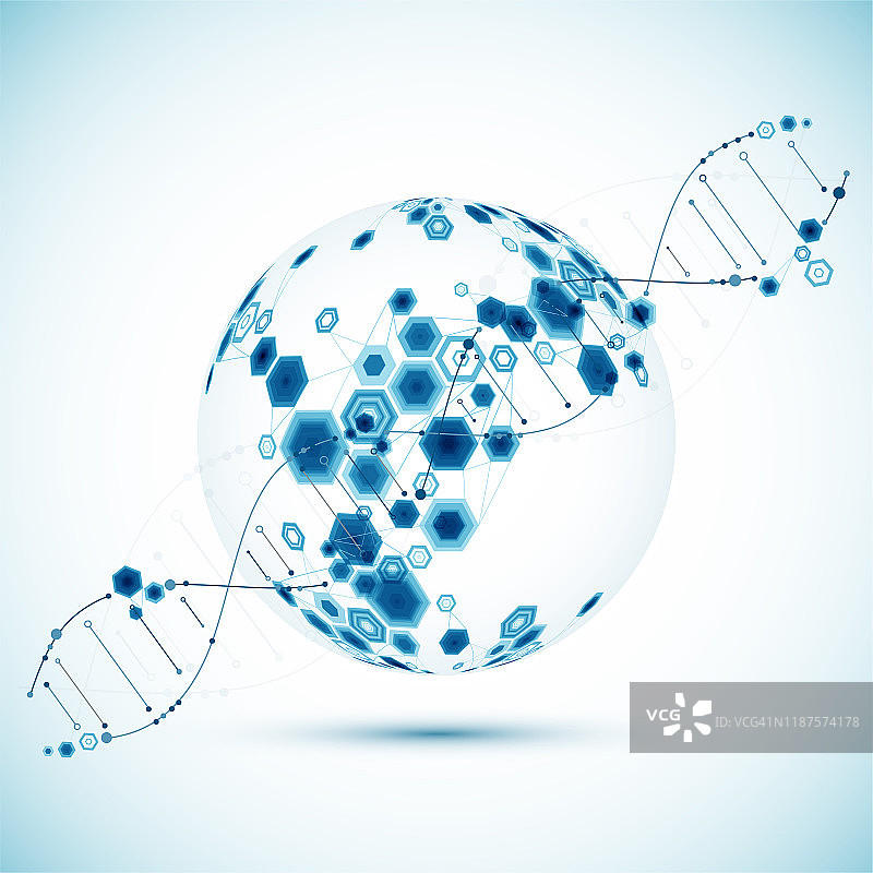 科学模板，抽象背景与3D DNA分子。矢量插图。图片素材