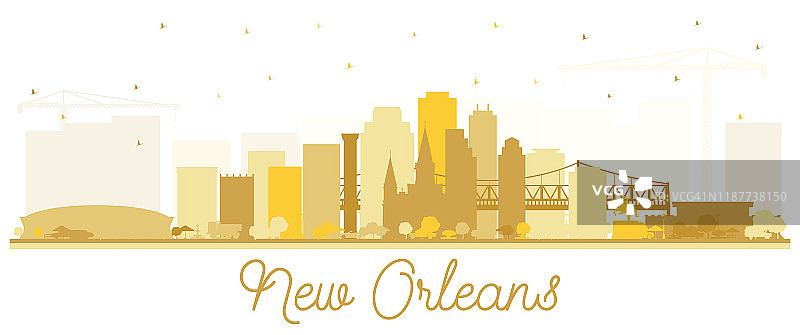 新奥尔良路易斯安那城市天际线轮廓与金色的建筑物孤立在白色。图片素材
