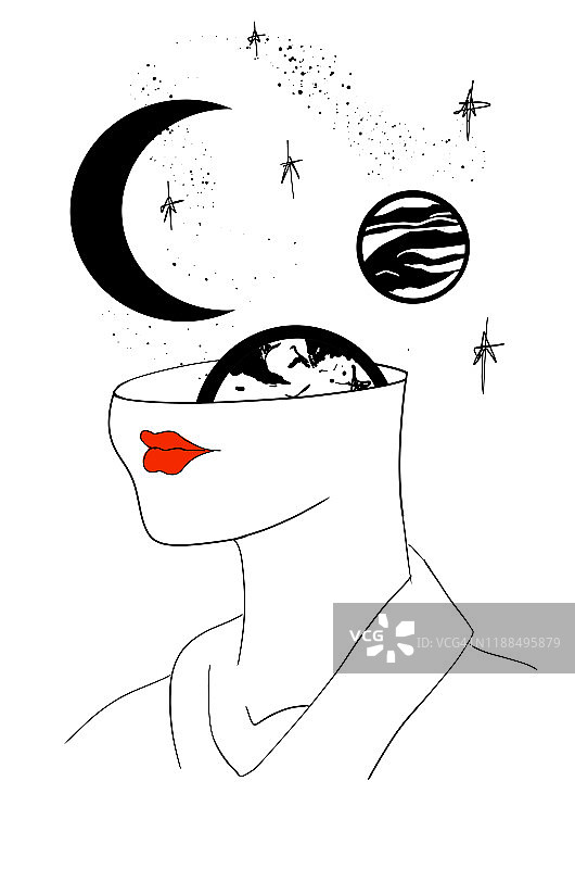 女人脑子里的空间和行星，概念图片素材