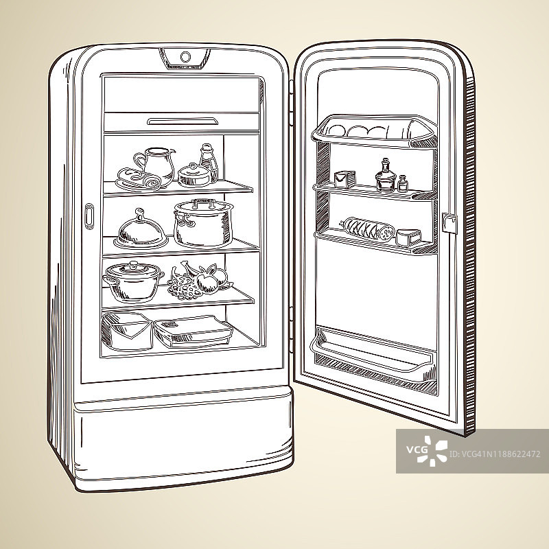 带有杂货的复古冰箱示意图图片素材