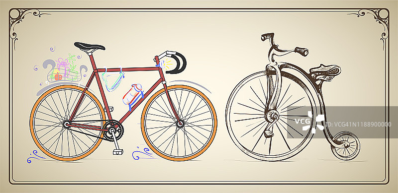 矢量复古和现代自行车在一个框架图片素材