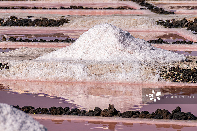 西班牙加那利群岛拉帕尔马的萨利纳斯德富恩连特的蒸发和盐收集过程中，不同颜色的水池图片素材