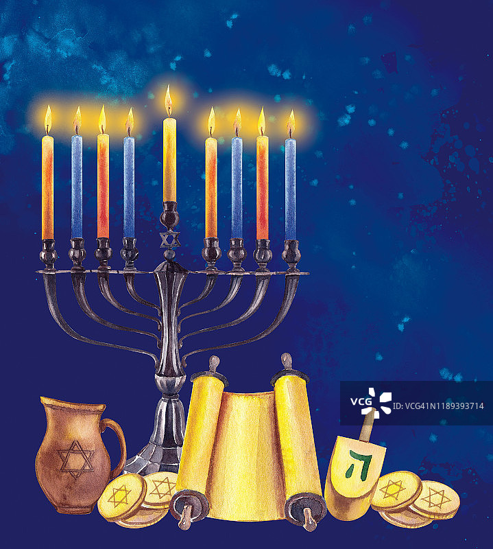 光明节的烛台上有蜡烛，硬币，罐子，在黑暗的背景上有大卫的星星。犹太节日。以色列的传统。水彩插图。图片素材