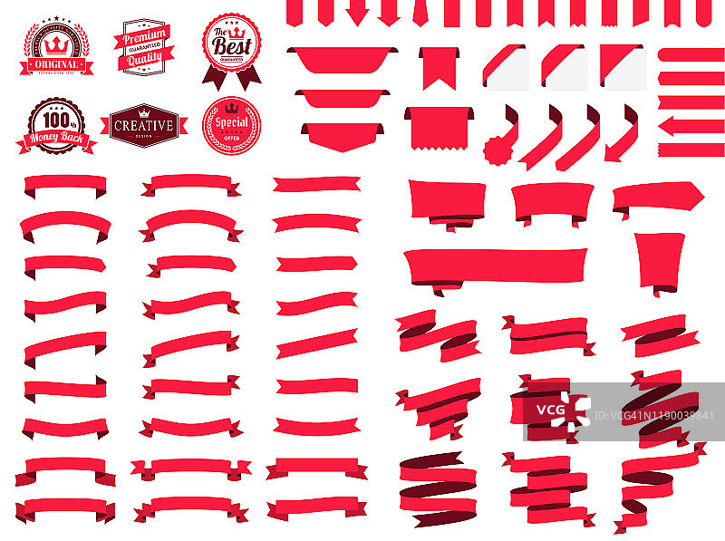 一套红丝带，横幅，徽章，标签-设计元素在白色的背景图片素材