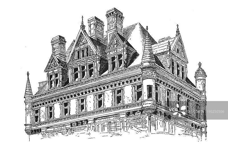 古董插图-纽约1881 -建筑-屋顶和窗户-第五大道和五十七街的角落图片素材