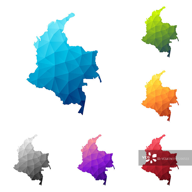 哥伦比亚地图在低多边形风格-彩色多边形几何设计图片素材
