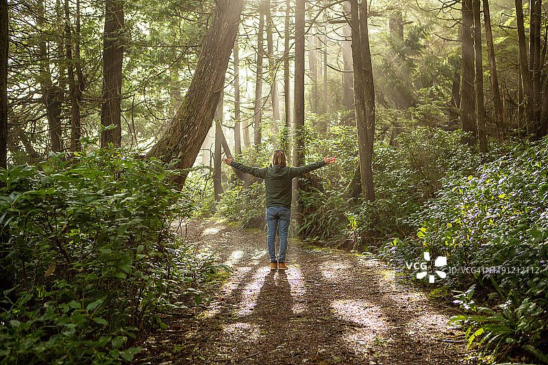 年轻人拥抱雨林，站在阳光下照亮树木图片素材