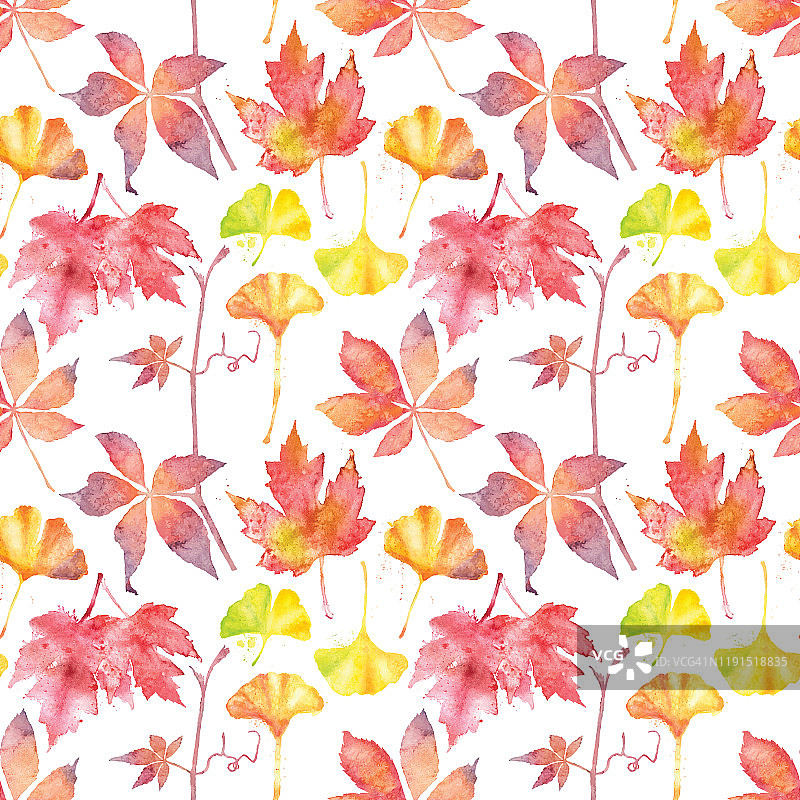 秋叶无缝模式矢量水彩插图图片素材