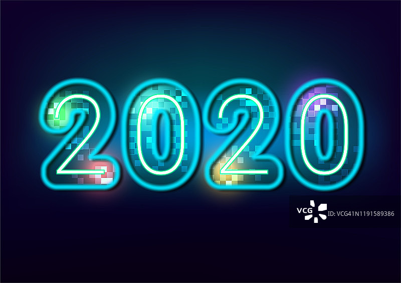 节日庆典，新年快乐，2020蓝色霓虹灯，彩色发光，夜晚背景，孤立矢量设计图片素材
