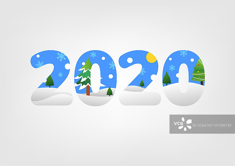 节日庆典，快乐新年，冬季背景文字2020，蓝天，雪树，孤立向量设计图片素材