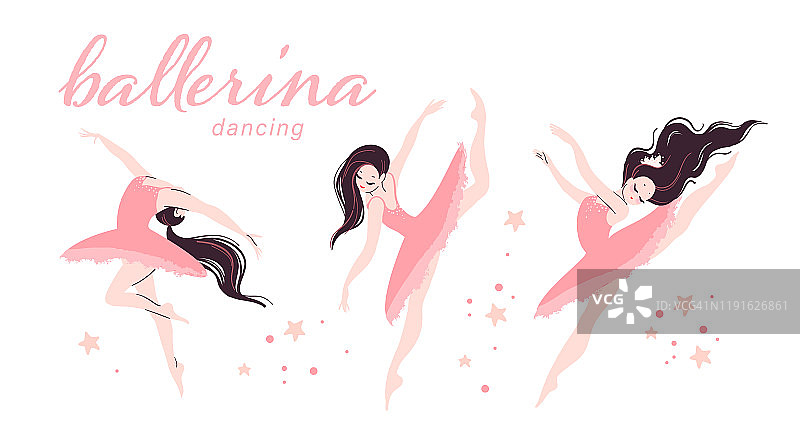 扁平美丽的芭蕾舞演员角色在粉红色的芭蕾舞裙做不同的芭蕾舞姿势孤立在白色的背景。图片素材