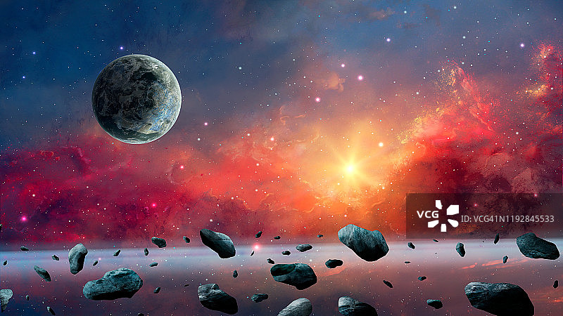 空间背景。有行星和小行星的彩色星云图片素材