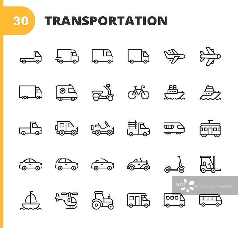 运输行图标。可编辑的中风。像素完美。移动和网络。包含如卡车，汽车，车辆，航运，帆船，飞机，摩托车，自行车等图标。图片素材