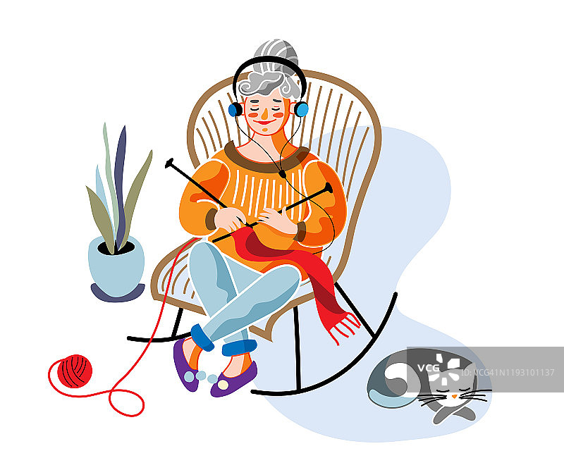 老妇人编织平面矢量插图。老太太，奶奶卡通人物。奶奶坐在扶手椅上，手里拿着毛线球和针。休闲活动，退休人员做手工衣服。图片素材