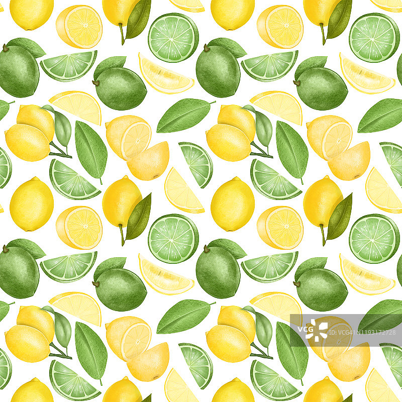 无缝模式与手绘柠檬和酸橙在一个白色的背景图片素材