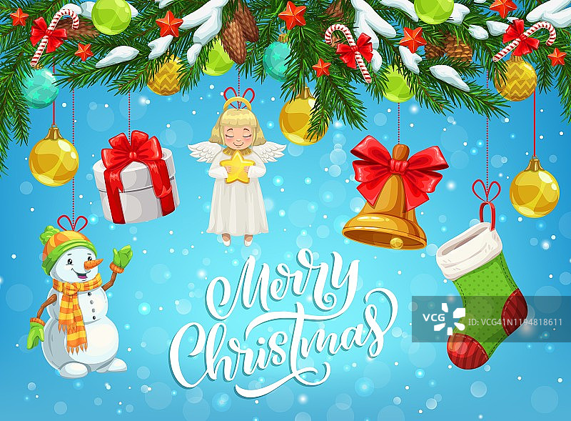 圣诞礼物、雪人、铃铛挂在圣诞树上图片素材