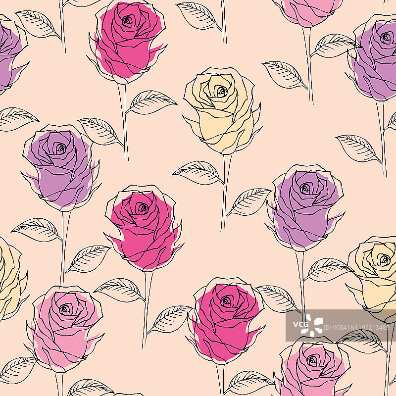 无缝手绘玫瑰在粉红色的颜色，大纲插图图片素材