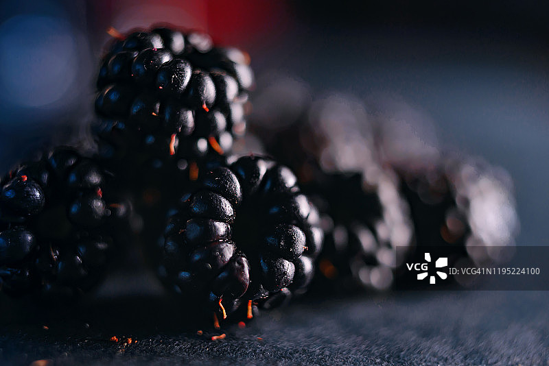 新鲜的黑莓，黑色背景的特写镜头。图片素材