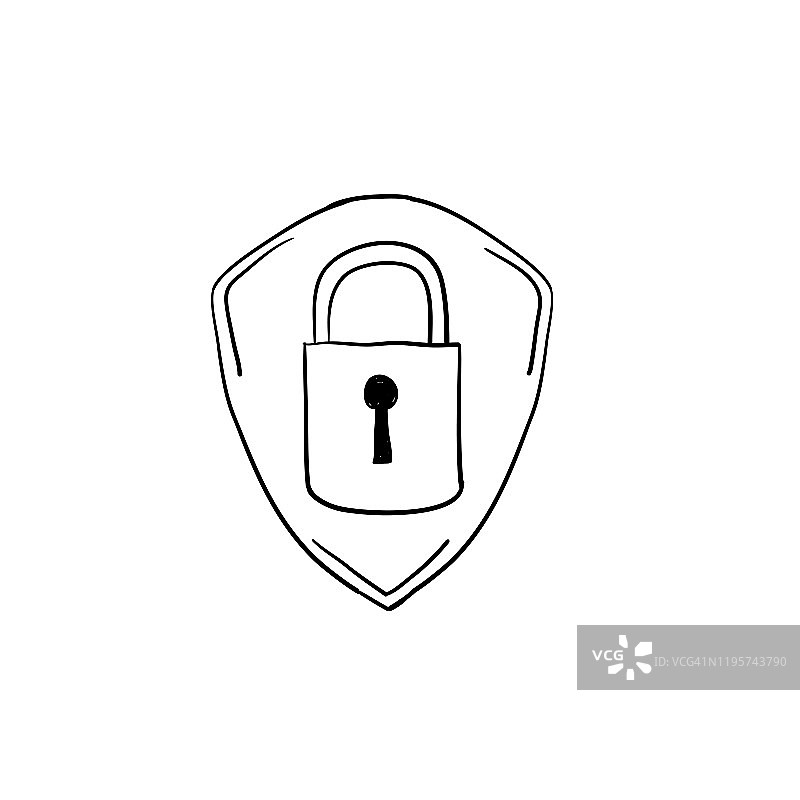 安全图标在平面风格。盾牌安全符号为您的网站设计，标志，应用程序，UI手绘涂鸦风格图片素材