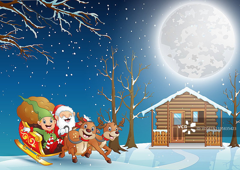 卡通圣诞老人在圣诞夜驾着他的雪橇图片素材