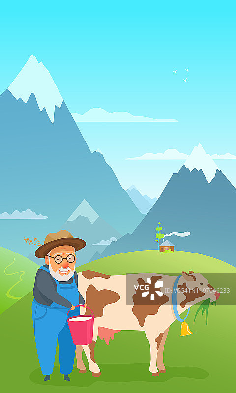 一个快乐的老人和一只正在咀嚼的牛站在夏日的草地上。图片素材