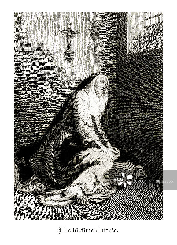 修道院，Cloitree的受害者，古法国修道院雕刻插图，1846年图片素材