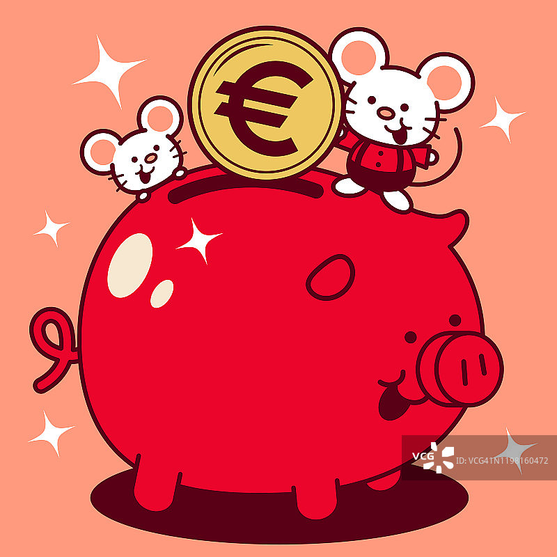 一只可爱的老鼠将欧元标志币(欧盟货币)放入储蓄罐，鼠年快乐图片素材