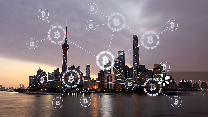 比特币加密货币支付系统网络现代城市未来技术图片素材