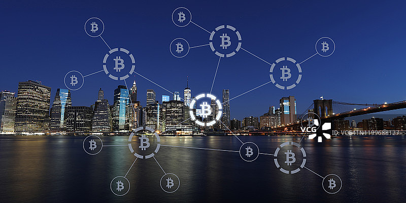 比特币加密货币支付系统网络现代城市未来技术图片素材