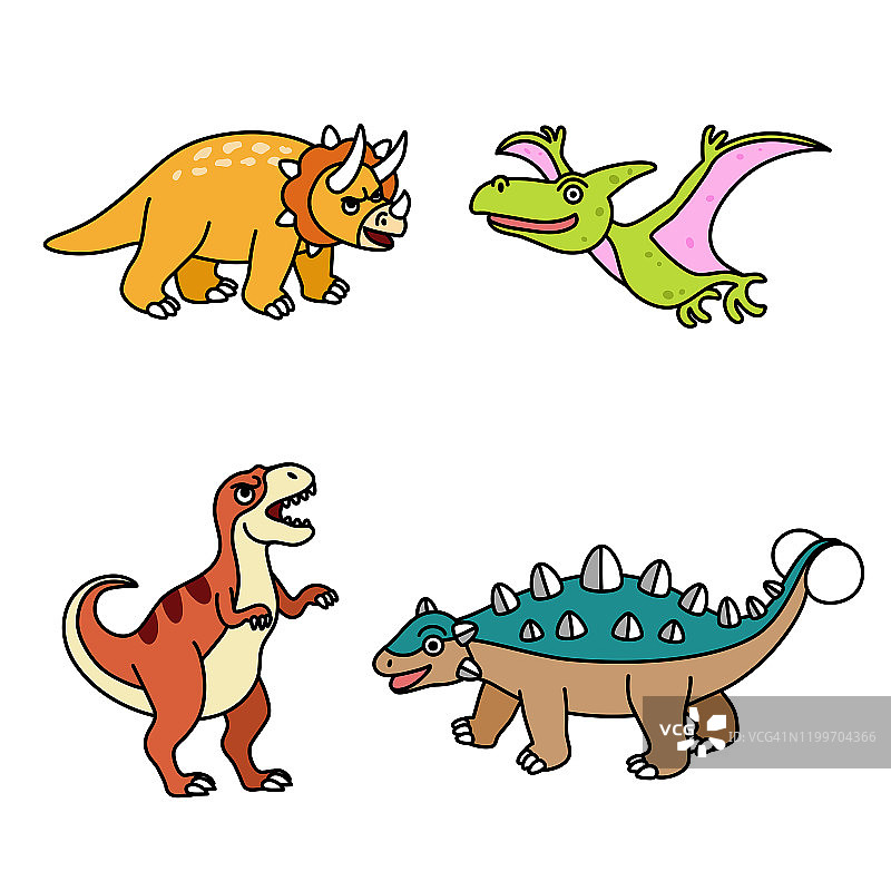 一套可爱的恐龙收集孤立在白色背景的儿童和儿童。平面设计卡通矢量插图风格。图片素材