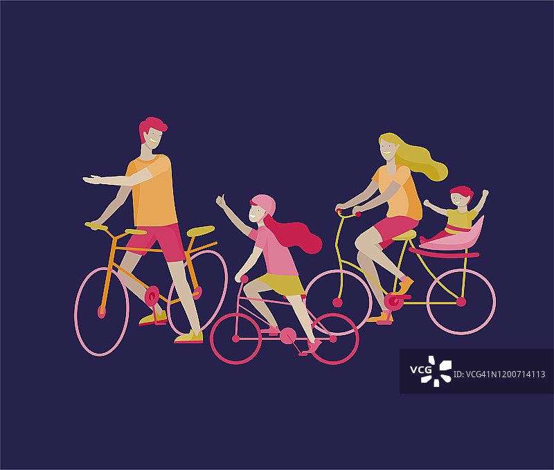 收集家庭爱好活动。妈妈，爸爸和孩子们一起骑自行车，散步，滑旱冰，玩球和跳舞。卡通向量图片素材
