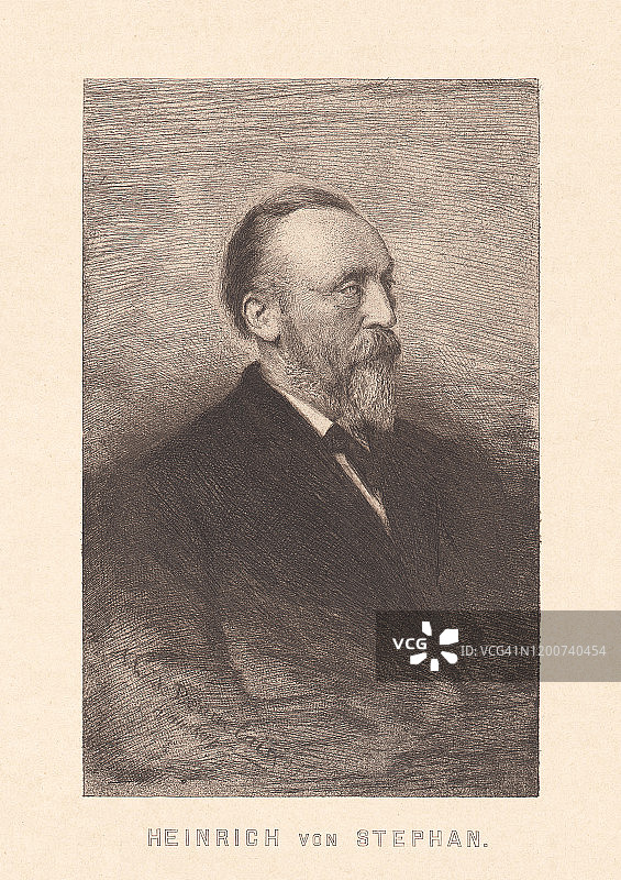 海因里希·冯·斯蒂芬（1831-1897），德国邮政总局长，出版于1897年图片素材