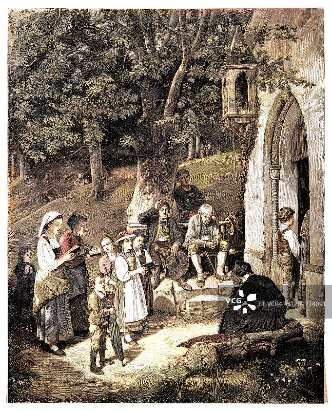 去教堂的朝圣者，休伯特·萨伦廷(1822-1910)图片素材