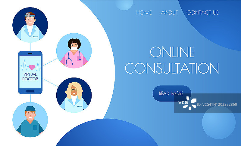 医疗网站的模板着陆页。虚拟医学的概念应用。在线咨询与医生聊天和视频通话。图片素材