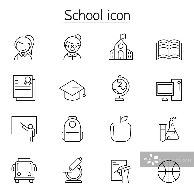 学校和教育图标设置在细线风格图片素材