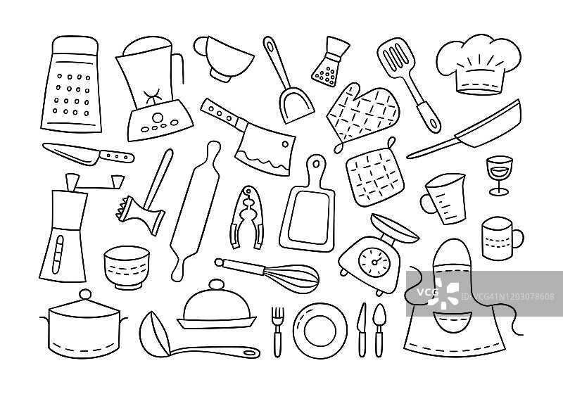厨房工具和餐具。厨师。手绘。图片素材