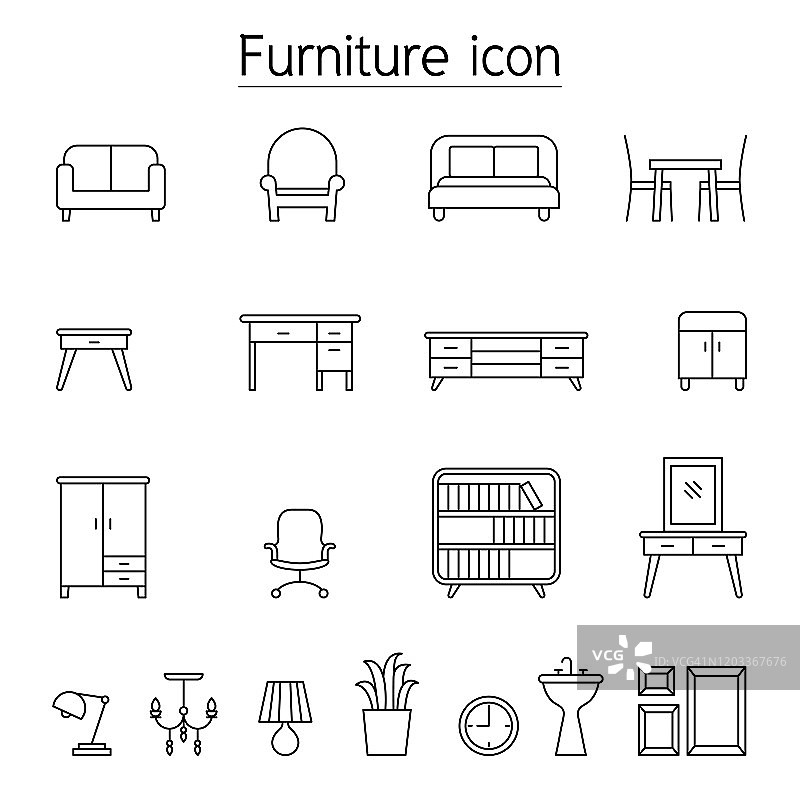 家具图标设置在细线风格图片素材