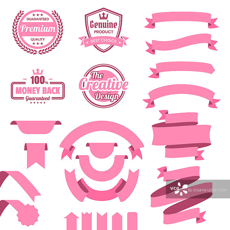 一套粉色丝带，横幅，徽章，标签-设计元素在白色的背景图片素材