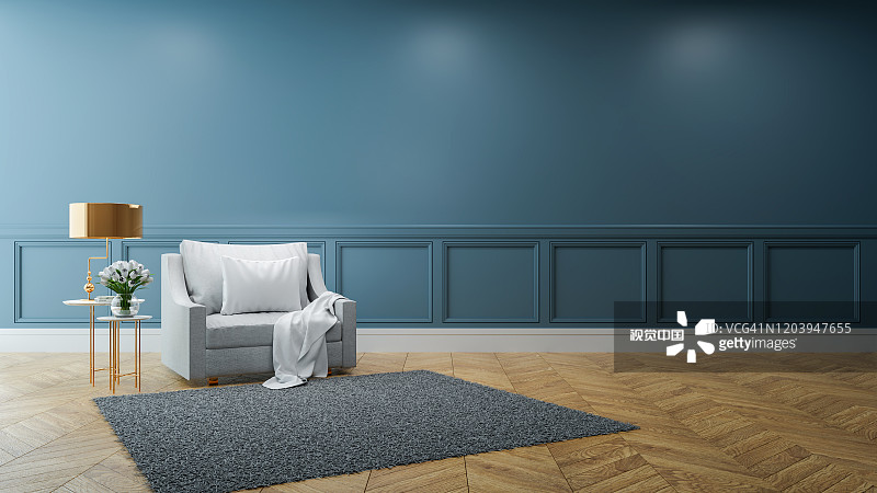 豪华现代室内，灰色沙发与金色灯在深蓝色墙壁和木地板/3D渲染图片素材
