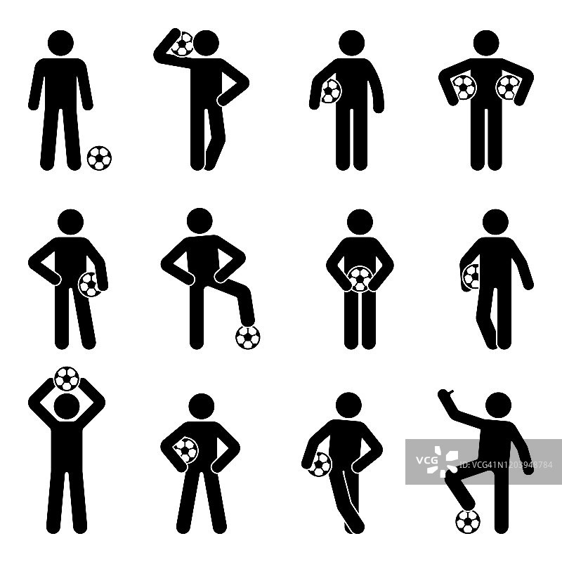 足球足球运动员与球不同姿态矢量插图。站在前面看黑白图标和人的象形文字上的白色图片素材