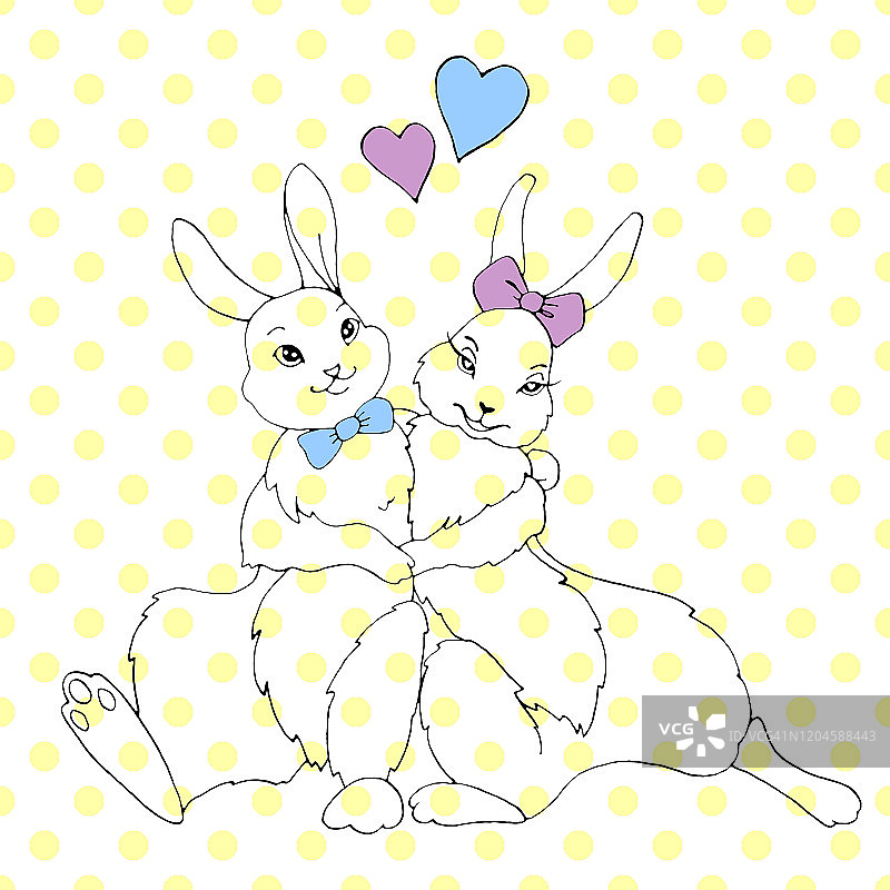 可爱的拥抱快乐的小兔子，兔子，兔子的背景波尔卡点。无缝模式。等高线插图为情人节，复活节，着色书，明信片，网络。手绘轮廓图片素材