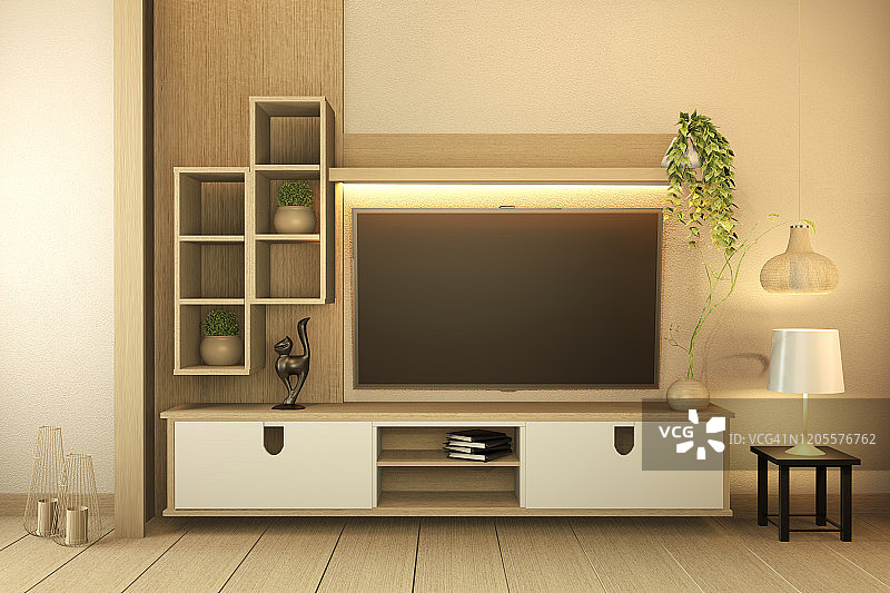 白色木地板和白色墙壁上的电视柜，简约禅意的室内客厅日本风格。三维渲染图片素材