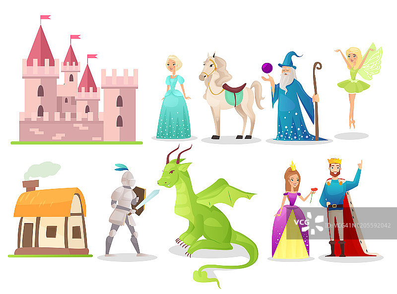 童话人物平面矢量插图集。勇敢的骑士与龙搏斗。神奇的仙女和巫师。卡通女王，国王和公主与白马。中世纪的城堡和古老的小屋。图片素材