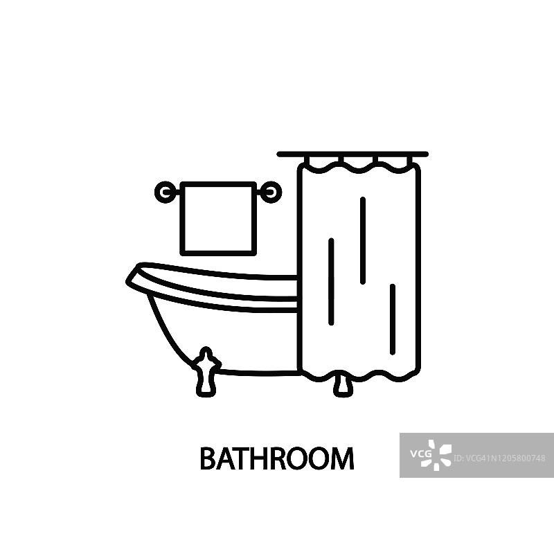 浴室图标与窗帘和毛巾。浴矢量图像。网页横幅和印刷材料的概念。图片素材