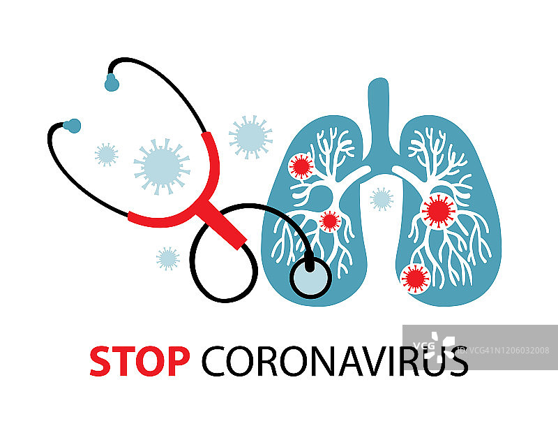 冠状病毒在。2019 - ncov新型冠状病毒。病毒检疫。MERS-Cov中东呼吸综合征。听诊器可以监听被病毒感染的肺部。疾病诊断图片素材
