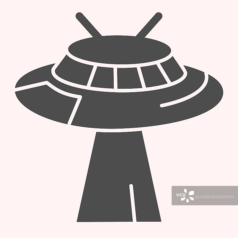 不明飞行物字形图标。带着光飞行的外星飞船。天文学矢量设计概念，白色背景上的固体风格象形图，用于web和应用程序。Eps 10。图片素材